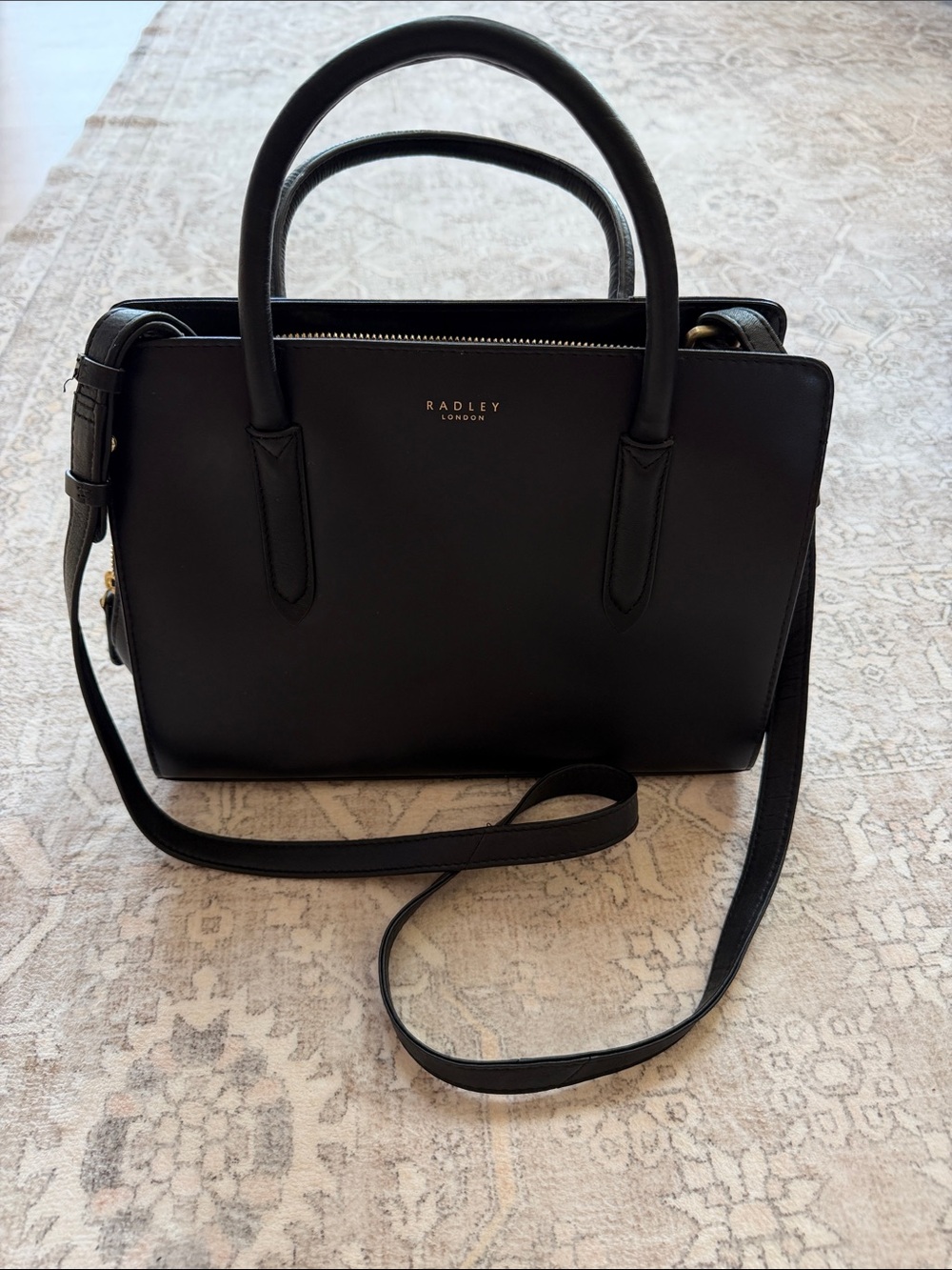 RADLEY LONDON Black Leather Structured Satchel with Gold Hardware